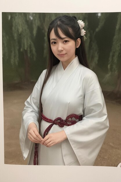 Photo une femme en kimono blanc avec une fleur sur la tête.