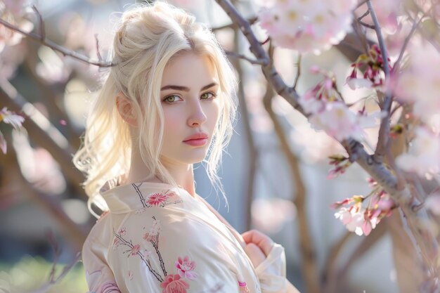 Une femme en kimono blanc se tient devant un arbre avec des fleurs roses