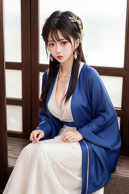 Une femme en kimono bleu avec une fleur dans les cheveux est assise sur un rebord de fenêtre.