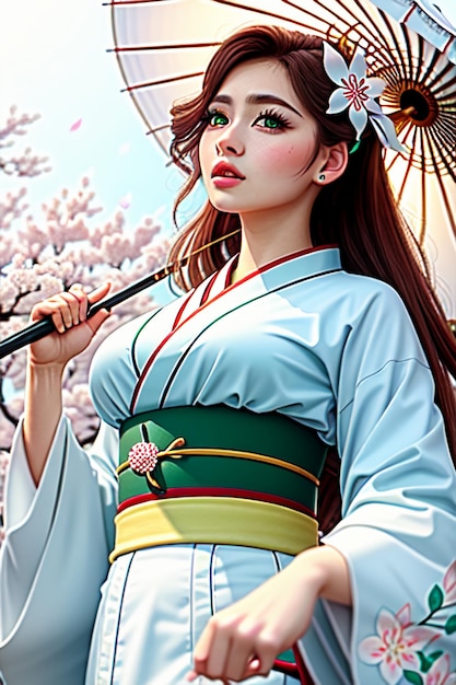 Une femme en kimono bleu tenant un parasol.