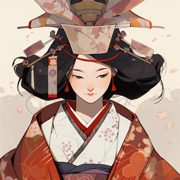 une femme en kimono avec un chapeau sur la tête