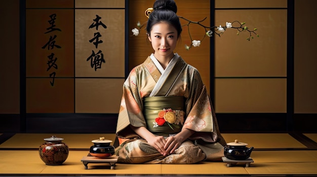 une femme en kimono est assise sur un parquet devant un mur de lanternes japonaises.