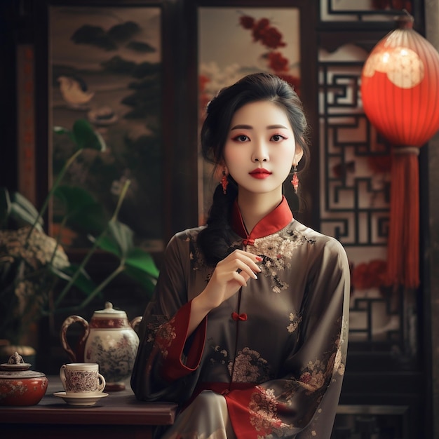 une femme en kimono est assise sur une table avec une lanterne et un pot avec une plante en arrière-plan.