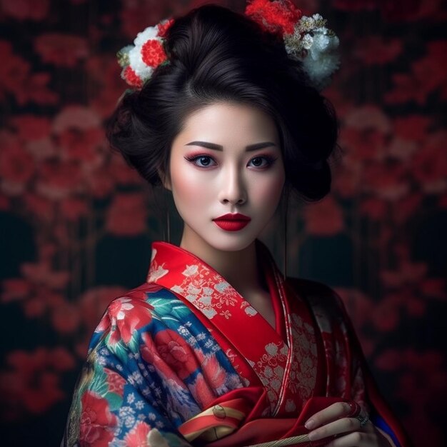 une femme en kimono avec une fleur rouge sur la tête.