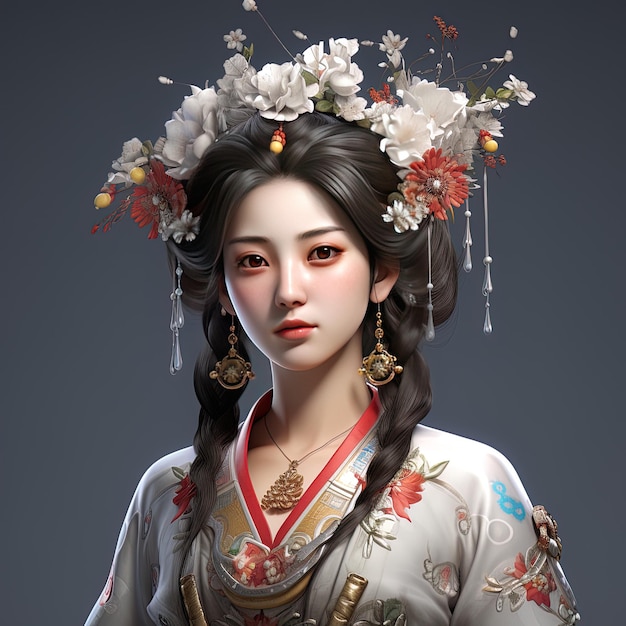 Une femme en kimono avec une fleur sur la tête