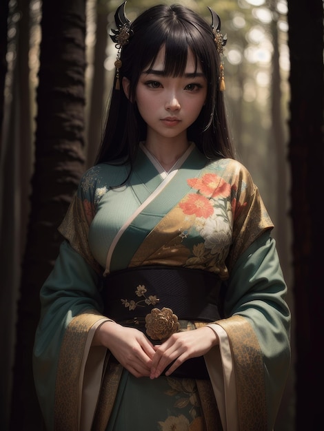 Une femme en kimono avec des fleurs rouges sur le devant.
