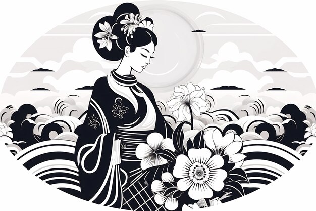 une femme en kimono avec des fleurs et un soleil en arrière-plan