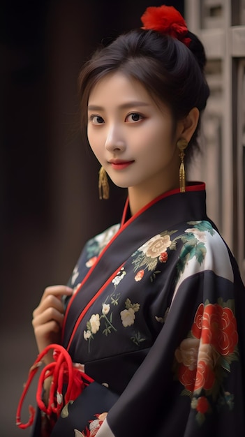Une femme en kimono avec un motif fleuri sur le devant.