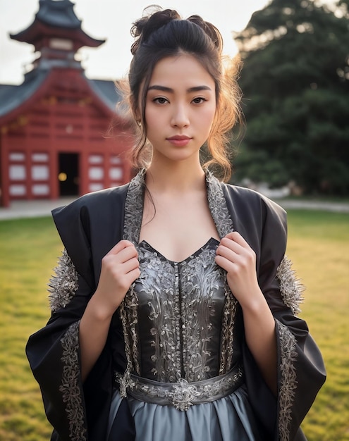 Une femme en kimono noir se tient devant un bâtiment rouge