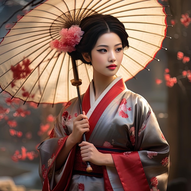 Une femme en kimono avec un parapluie et un parapluie japonais.