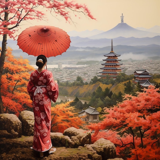 Une femme avec un kimono et un parapluie wagasa