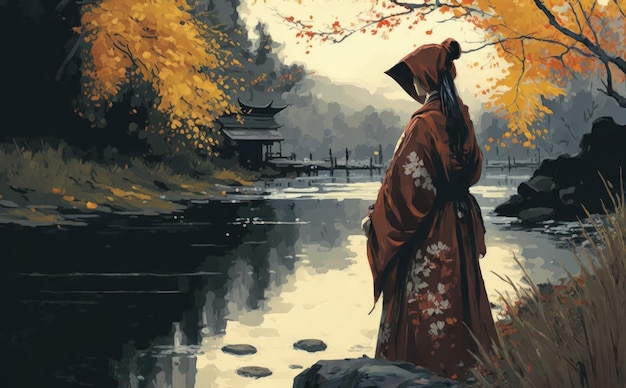 Femme en kimono sur les rives d'une rivière en automne Generative AI