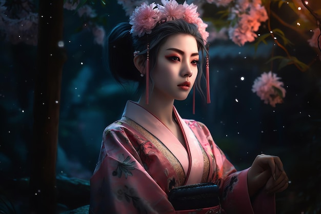 Une femme en kimono rose se tient devant un arbre aux fleurs roses.