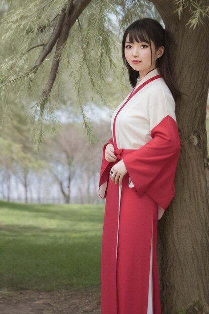 Une femme en kimono rouge et blanc se tient devant un arbre.