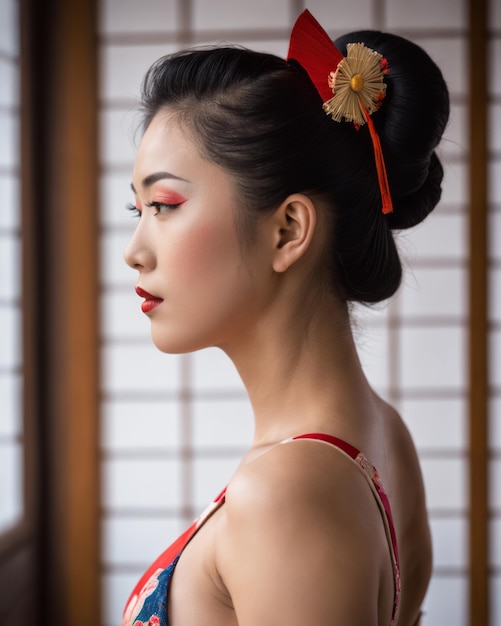 Une femme en kimono rouge et blanc