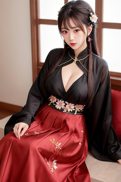 Une femme en kimono rouge est assise sur un canapé.