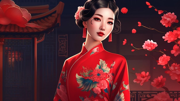 Une femme en kimono rouge avec des fleurs sur le devant.