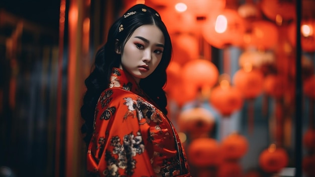 Une femme en kimono rouge se tient devant une lanterne rouge.