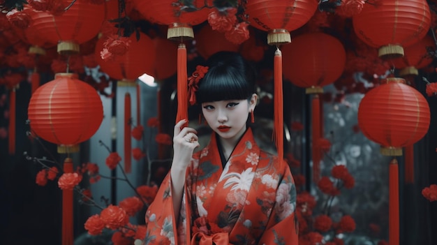 Une femme en kimono rouge se tient devant des lanternes rouges.