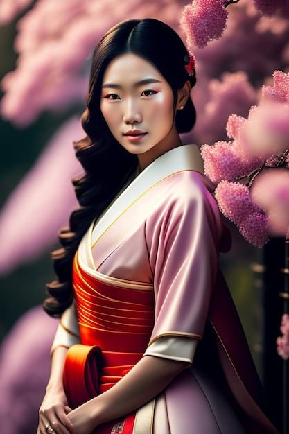 Une femme en kimono se tient devant des fleurs