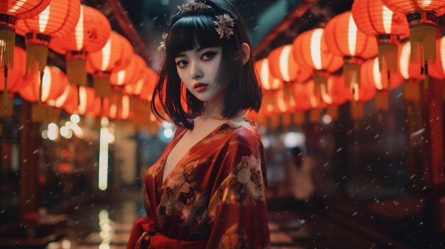 Une femme en kimono se tient devant une lanterne rouge.