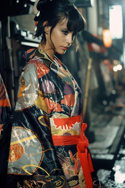 Photo une femme en kimono se tient devant un miroir