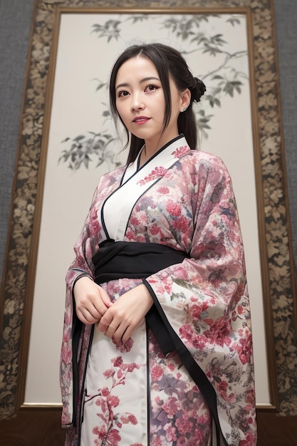 Une femme en kimono se tient devant un papier peint fleuri.