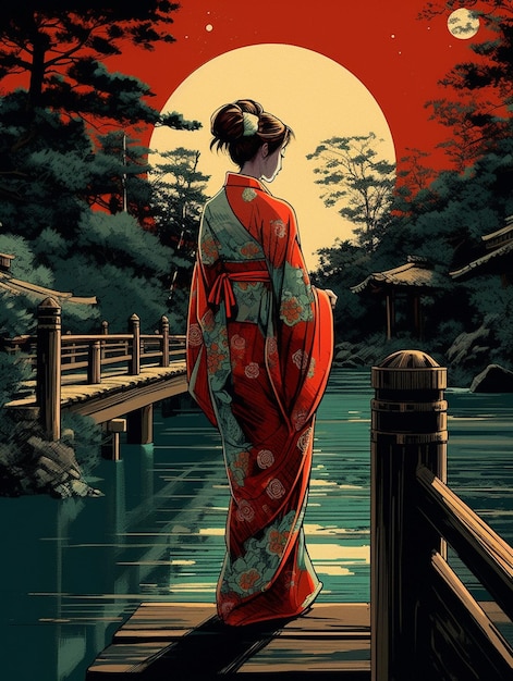 Photo une femme en kimono se tient sur un pont au-dessus d'un lac.