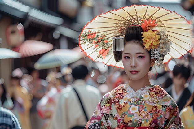 Une femme en kimono tenant un parapluie