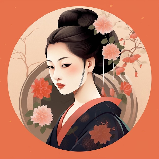 Une femme avec un kimono sur la tête et une fleur sur les cheveux.