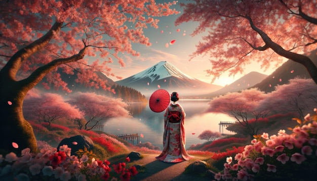 Une femme en kimono traditionnel admire la beauté sereine des cerisiers en fleurs avec l'iconique mont Fuji au loin au lever du soleil