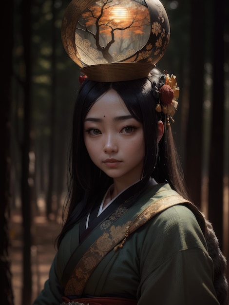 Une femme en kimono vert avec une couronne dorée sur la tête se tient dans une forêt.