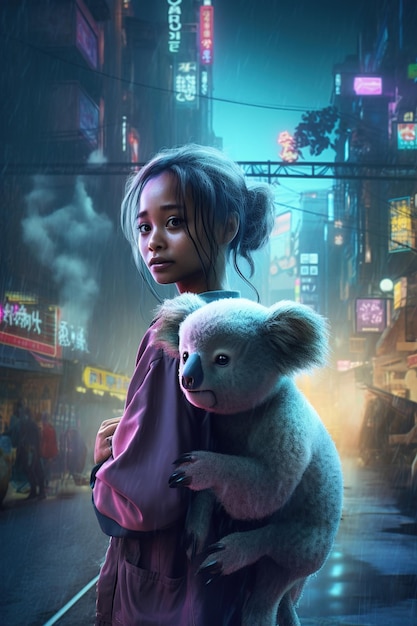 Femme et koala dans une ville futuriste