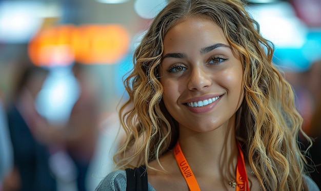 une femme avec un lanyard qui dit quot lanyard quot