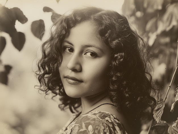 Une femme latine adolescente photoréaliste avec des cheveux bouclés bruns illustration vintage