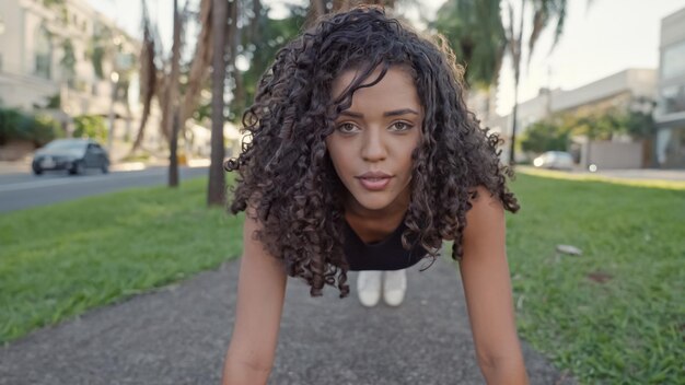 Une femme latine faisant des pompes dans le parc. Jeune fille faisant des exercices de poussée sur un parc extérieur