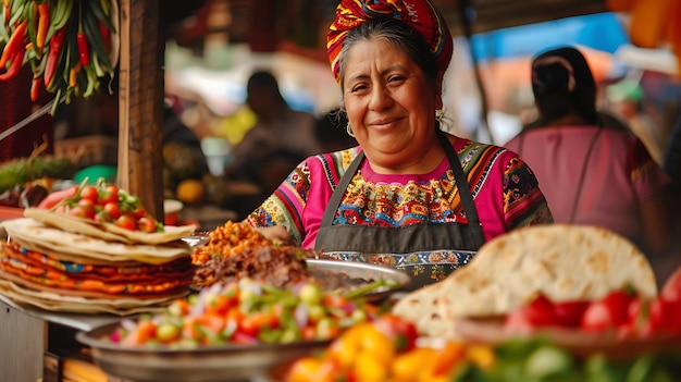 Photo une femme latine joyeuse portant un foulard traditionnel se tient dans son stand de marché entourée de produits colorés et de nourriture délicieuse