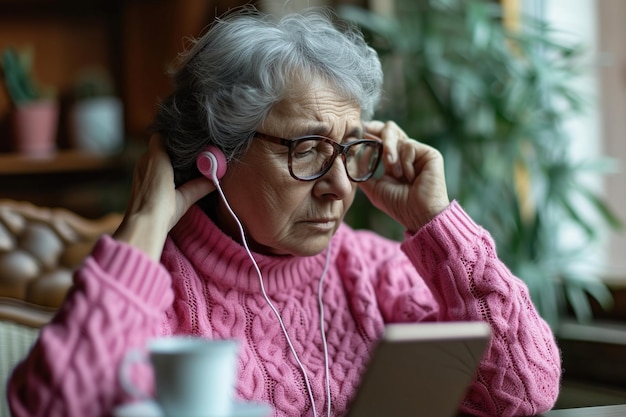 Une femme latino-américaine âgée aux cheveux gris, en lunettes et en pull rose, assise à table, ajustant des écouteurs tout en écoutant de l'audio sur son téléphone portable.