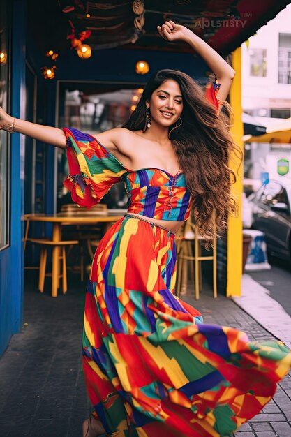 Femme Latinx vibrante dansant dans une robe longue colorée