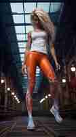 Photo une femme en leggings orange avec un tank top blanc et des leggings