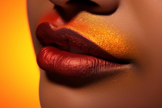 une femme avec une lèvre dorée et un rouge à lèvres rouge