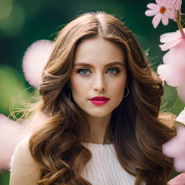 Une femme avec une lèvre rose et un haut blanc se tient devant un champ de fleurs.