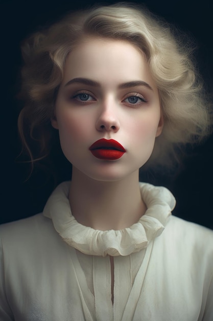 Une femme avec des lèvres rouges et une robe blanche