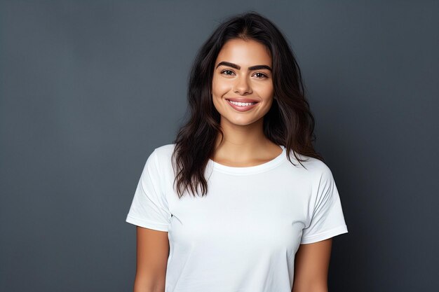 Photo une femme libanaise joyeuse de 26 ans pointe vers le haut à gauche tout en souriant à la caméra en tenue décontractée.