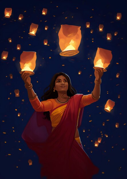 Une femme libère une lanterne céleste pour célébrer Diwali