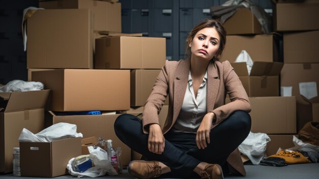 Une femme licenciée est assise entre des boîtes de carton de ses affaires, une femme déprimée en train de déménager.