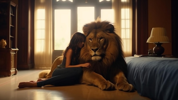 une femme et un lion sont assis sur le sol avec la femme dans ses bras.