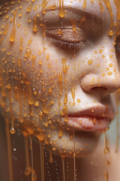 Une femme avec un liquide orange sur son visage