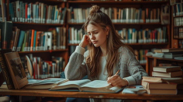 Femme lisant dans la bibliothèque avec beaucoup de feuilles et de papier sur la table étagères de livres arrière-plan