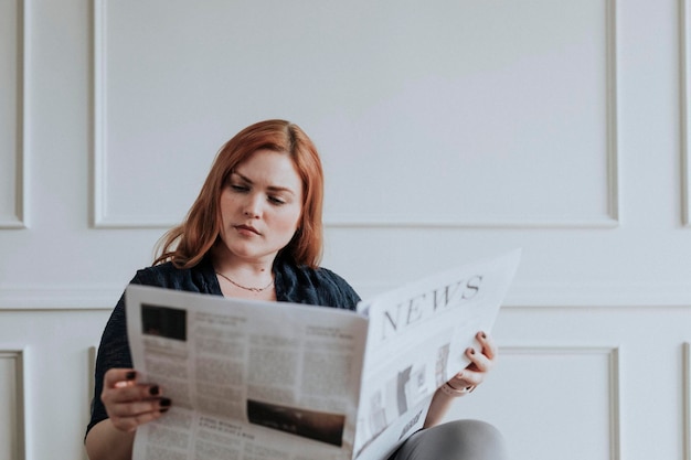 Femme lisant le journal à la maison